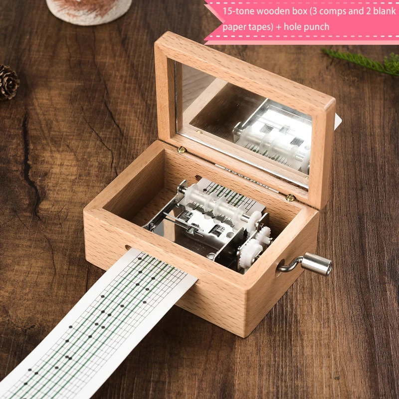 

15 Tone Hand-cranked Music Box DIY Wooden Composable Music Box Handmade Hand-rolled Paper Tape Home Music Decoration