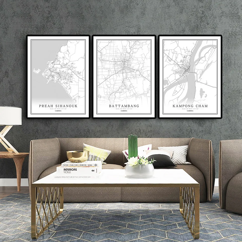 Камбоджа черно-белая карта города плакат Скандинавская гостиная Пномпень