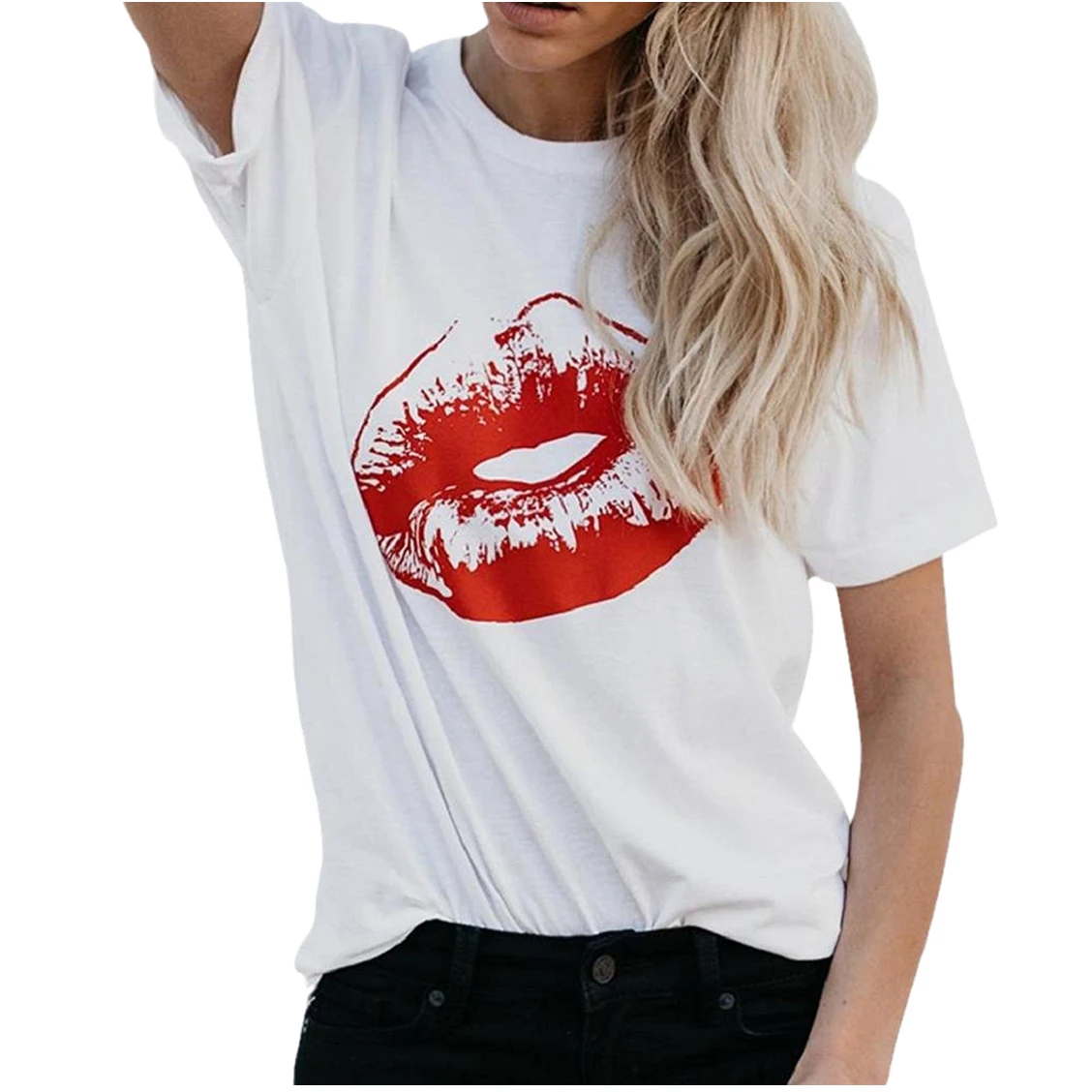 

Футболка женская летняя с принтом губ и графическим принтом