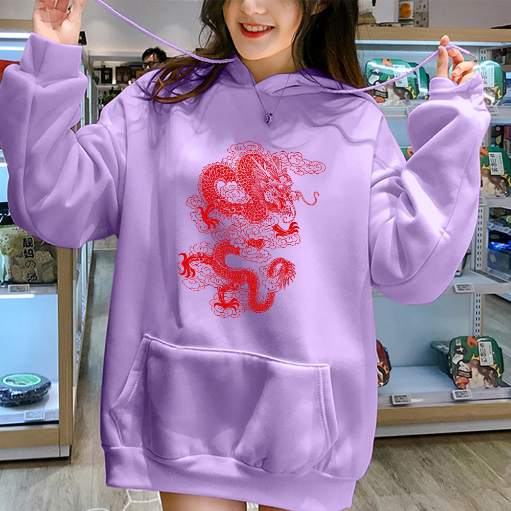 Femmes Sweatshirts Harajuku Dragon Printed Hoodies Plus Size Streetwear Pullover Sweetshirts Camiseta Manga Larga Mujer Invierno