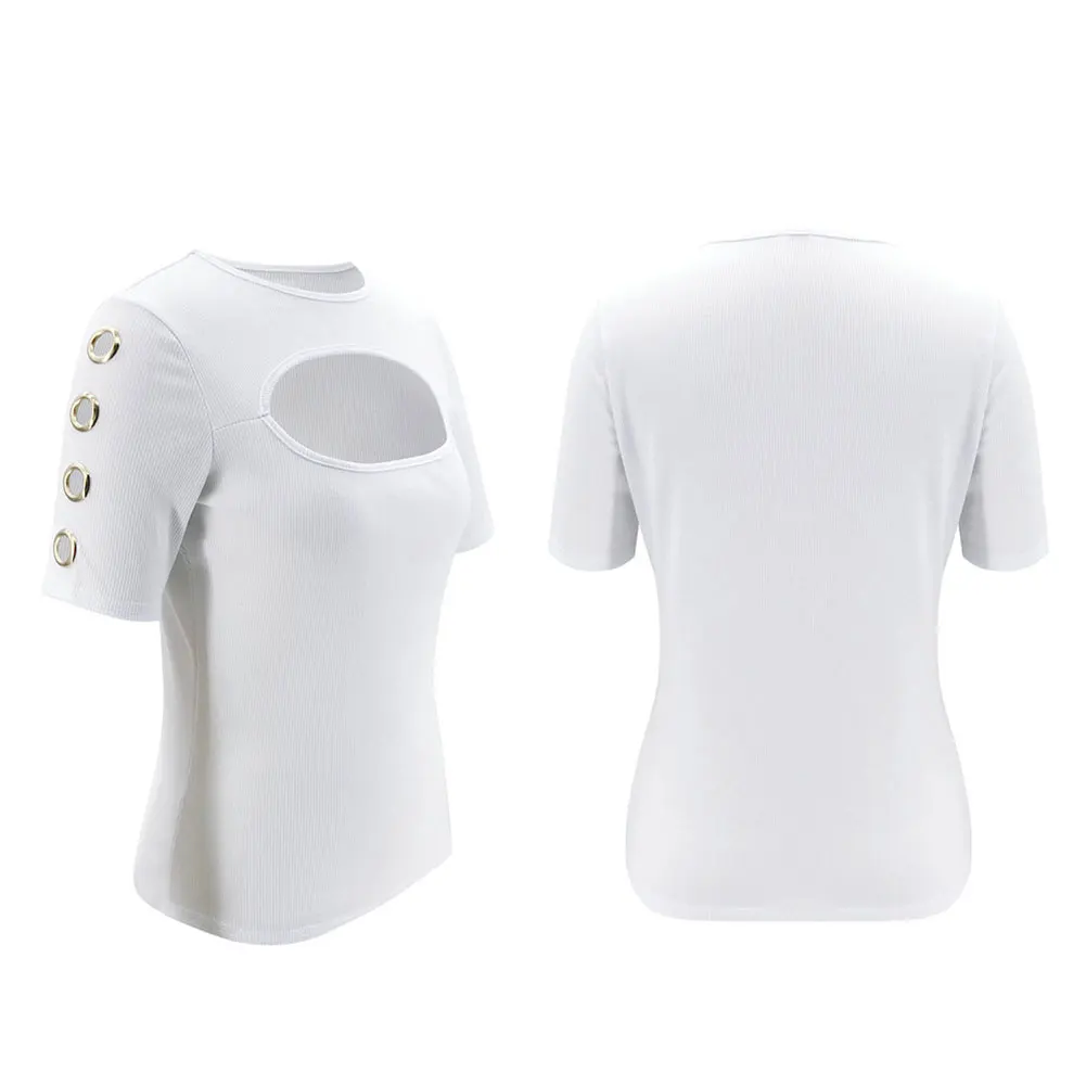 

New Women Ladies Summer Sexy Chest Cutout Slim T-shirt Top Metal Ring Decoration Short Sleeve T-Shirt Black White