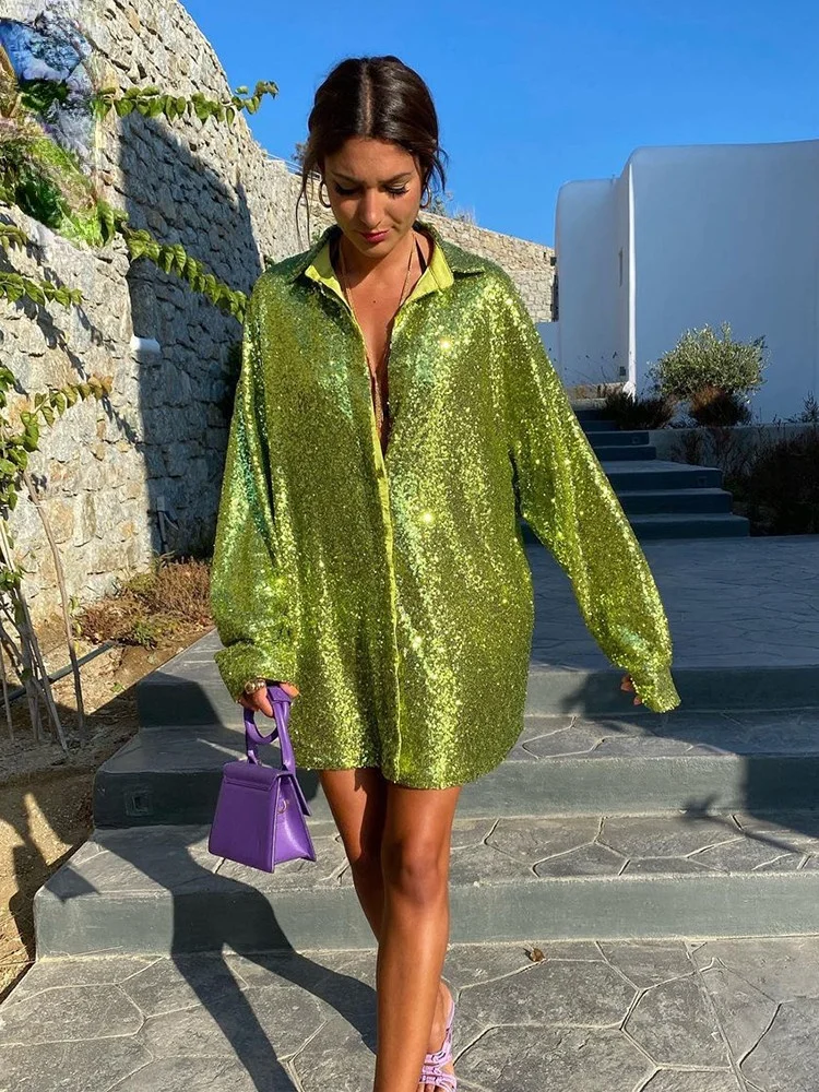 

Green Sequins Shitrs Women Autumn Winter 2021 New Long Sleeve V Neck Loose Pink Y2K Blouses