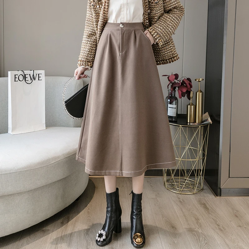 

Autumn Winter Ladies Mid-Length Casual Elegant Fashion High-Waist All-Match A-Line Woolen Skirt Korean Fashion Clothing A215