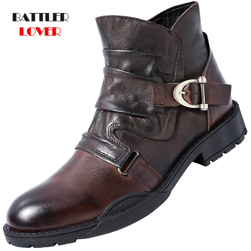 

Winter Genuine Leather Men's Boots Motorcycle Biker Ankle Martin Boots Working Man Waterproof Snow Boot Hombre Vintage Footwear