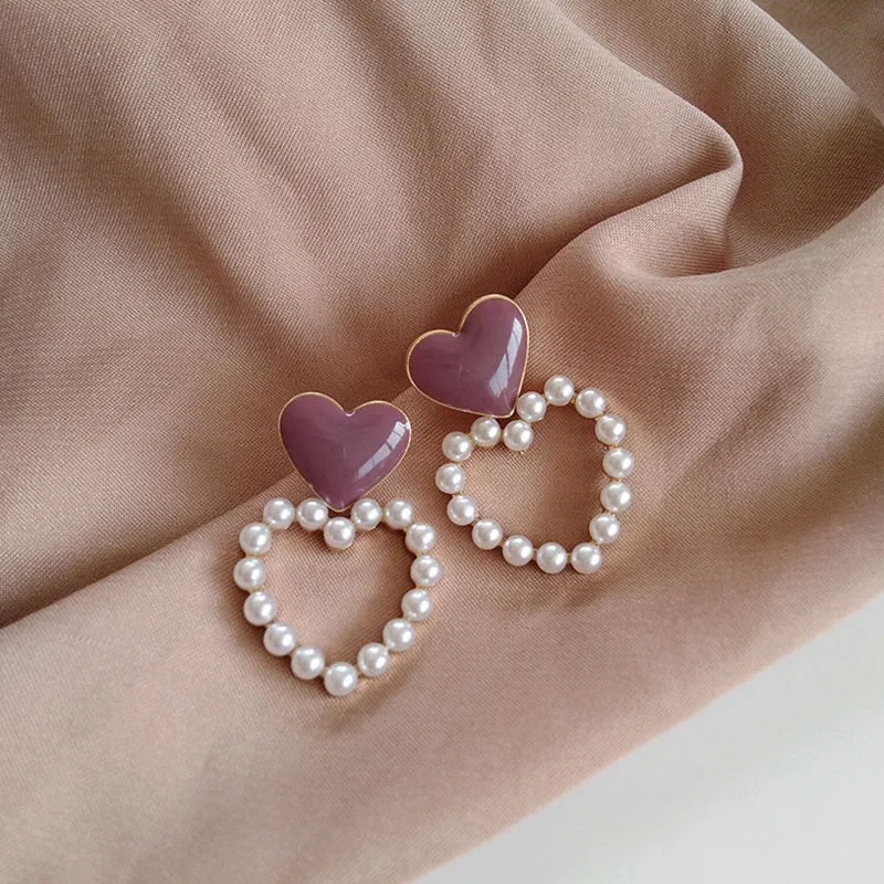 

2021 Korean New Simple Geometry sterling silver 925 Earrings Fashion Temperament Sweet Pearl heart Earrings Female Jewelry