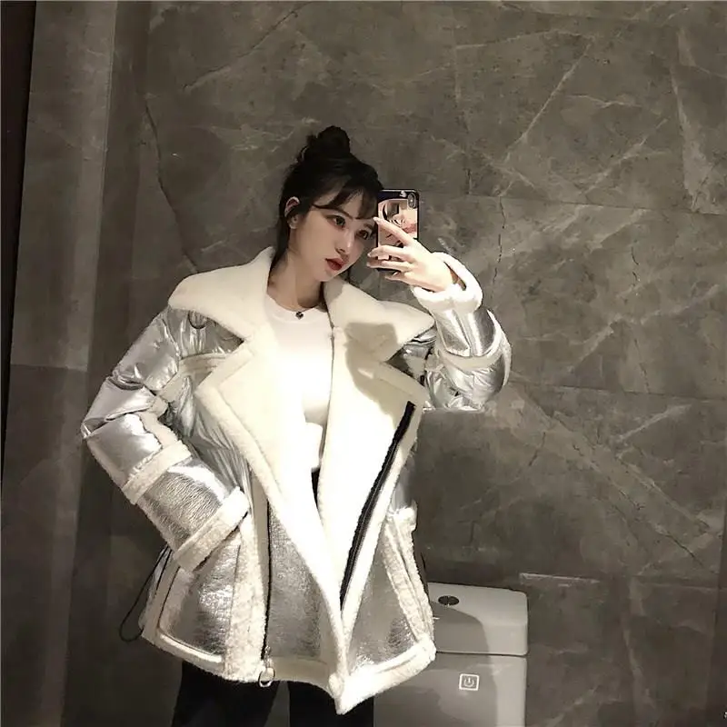 2019 зимнее высококачественное винтажное серебряное пальто с отложным воротником