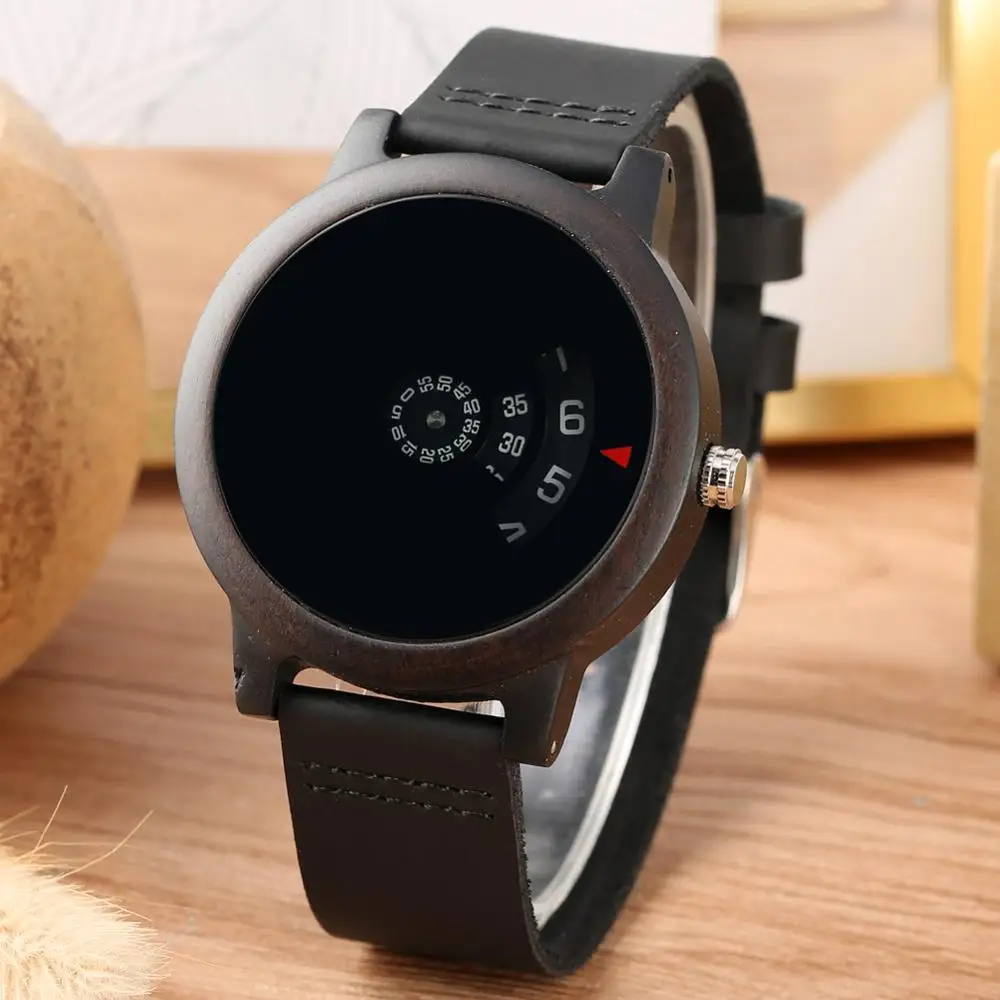 Часы мужские с деревянным ремешком Классические кварцевые черные наручные из