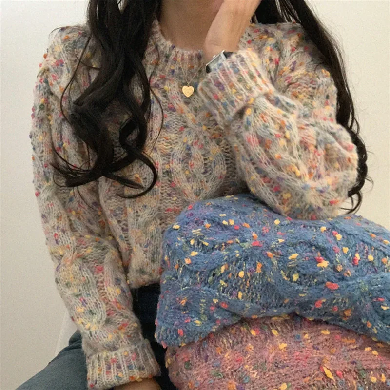 Knitted Twist Sweater Women Candy Color Dot Vintage Pullover O Neck Long Sleeve Autumn Clothes Ropa Mujer Francais Harajuku | Женская