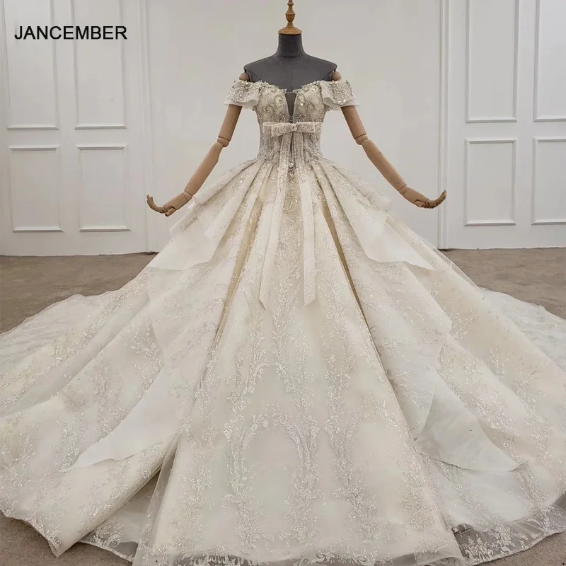 HTL1249 2020 Сверкающее свадебное платье с открытыми плечами коротким рукавом бисером