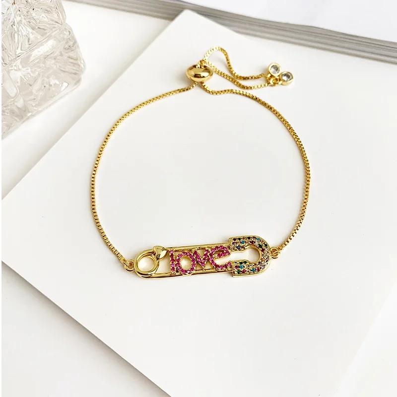 Love gold Модный золотой медный инкрустированный Цирконом бисерный булавка с надписью Love браслет для женщин CZ Радужный турецкий голубой глаз браслет для девушек - Окраска металла: Love gold