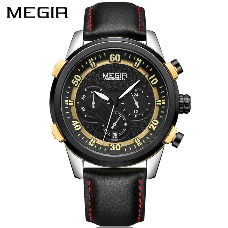 

Часы MEGIR Мужские кварцевые в стиле милитари, роскошные Брендовые спортивные светящиеся армейские, с хронографом и кожаным ремешком, 24 часа