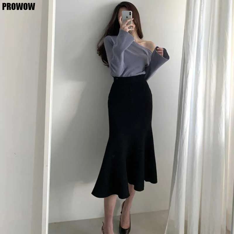 

Korean Two-Piece Suit Dress Women Knitted Sweater Dresses 2020 Autumn Winter Woman Off-The-Shoulder Knit + Knitt Fishtail Skirt