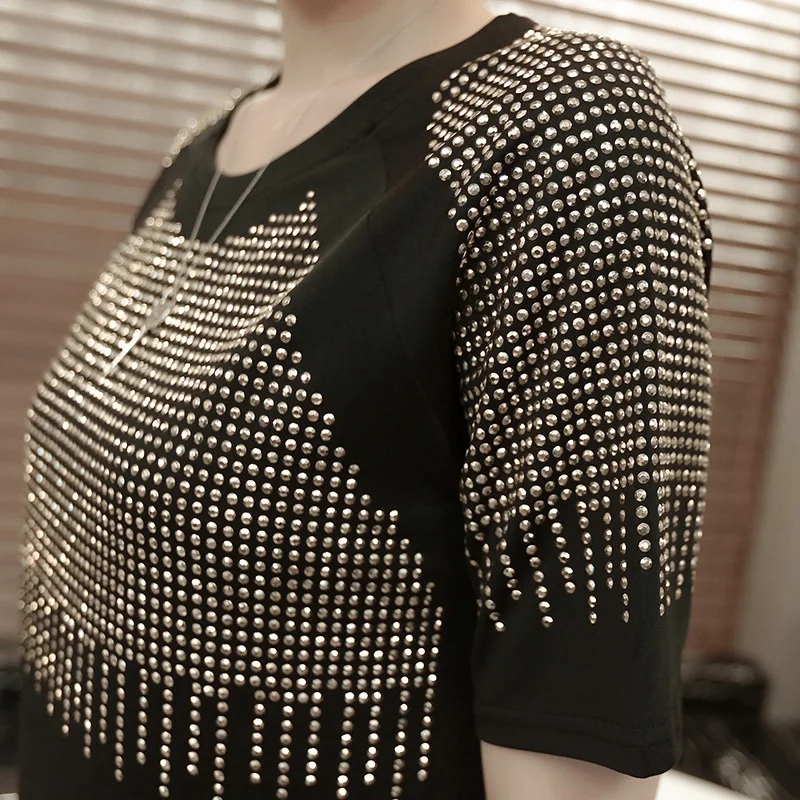 Women Summer Dresses 2022 Fashion Casual Short Sleeve Vestidos Sexy Rivet Diamonds Dress Shirt Loose Black Dress Plus Size XXXL