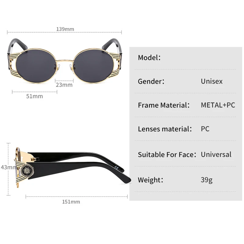 

Vintage Fashion Round Gothic Steampunk Sunglasses For Men Women Luxury Brand Designer Travel Punk Sun Glasses Metal Shades Gafas