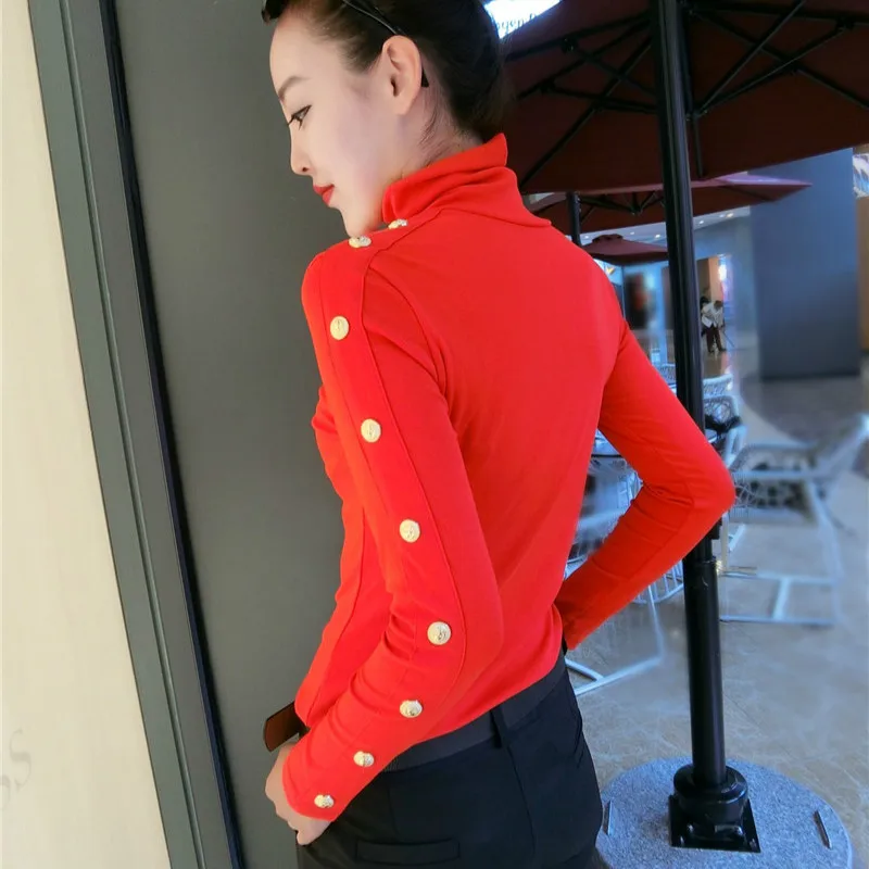 2020 зимние красные хлопковые футболки с длинным рукавом и высоким воротником