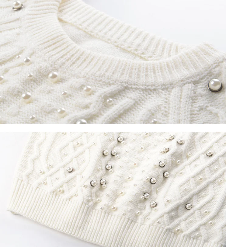 2020 Vintage Women Sweater And Pullovers Pearl Beading Long Sleeve Knitted White Tricot Pull Femme | Женская одежда