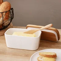 Nordic White Butter Sealed Box Ceramic Butter Plate with Wooden Lid and Knife Cheese Storage Tray Butter Plate Container Box