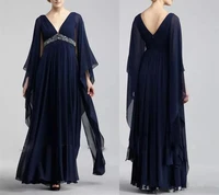 dubai navy blue chiffon formal evening v neck high waist beaded long plus size prom party gowns mother of the bride dresses