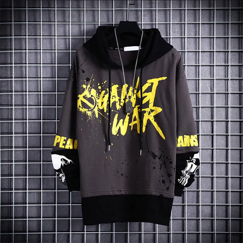 

Korean Style Men Hoodies Japanese Fake Two Piece Man Casual Autumn Sweatshirts Hip Hop Male Streetwear Letter Print Hoodie Male
