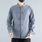 Хлопковая рубашка в китайском стиле, Мужская однотонная Повседневная рубашка с длинными рукавами и пуговицами, винтажный Традиционный китайский костюм для мужчин размера плюс