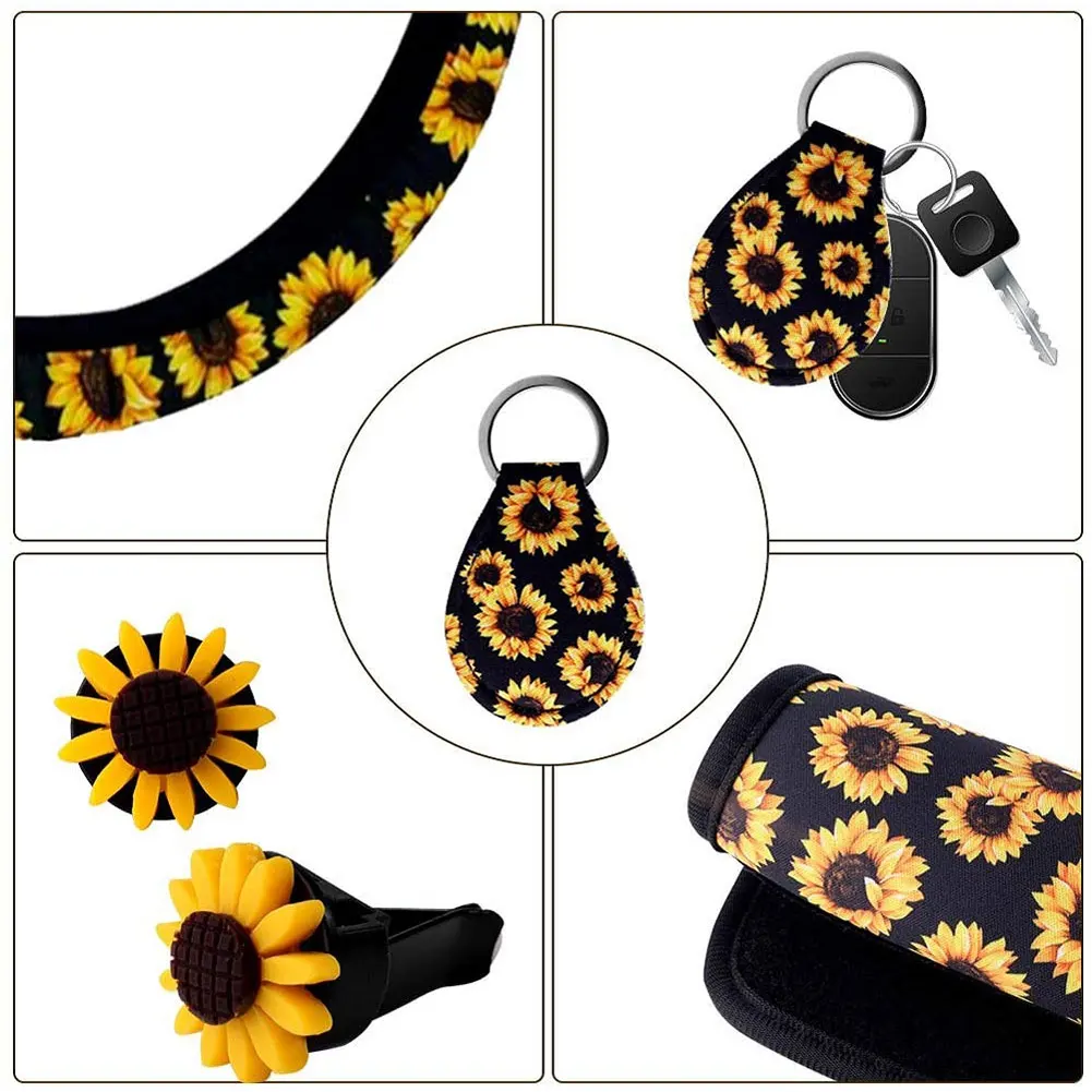 

6 Pcs Car Universal Interior Cover Set Sunflower Print Steering Wheel Cover Car Seat Belt Shoulder Strap Keyring Vent Decoration