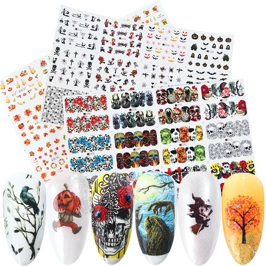 Наклейки для ногтей на Хэллоуин водные черепа паутины тыквы дизайн тату с