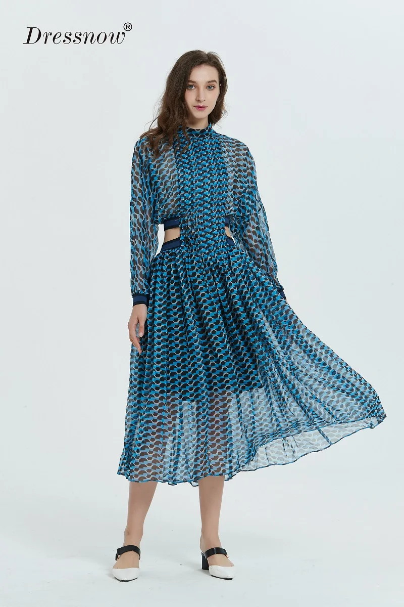 Dressnow, женское дизайнерское макси платье, для девушек, 3/4 рукав, геометрический принт, талия, с отверстиями, для праздника, повседневное, длинное, шифоновое
