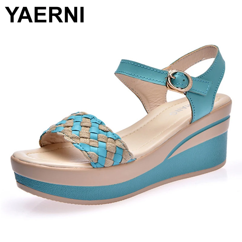 YAERNI Fashion Sandals Women Espadrille Sandals Weaven Women Wedge Comfort Buckle Shoes for Women Blue Sandals Women Platform