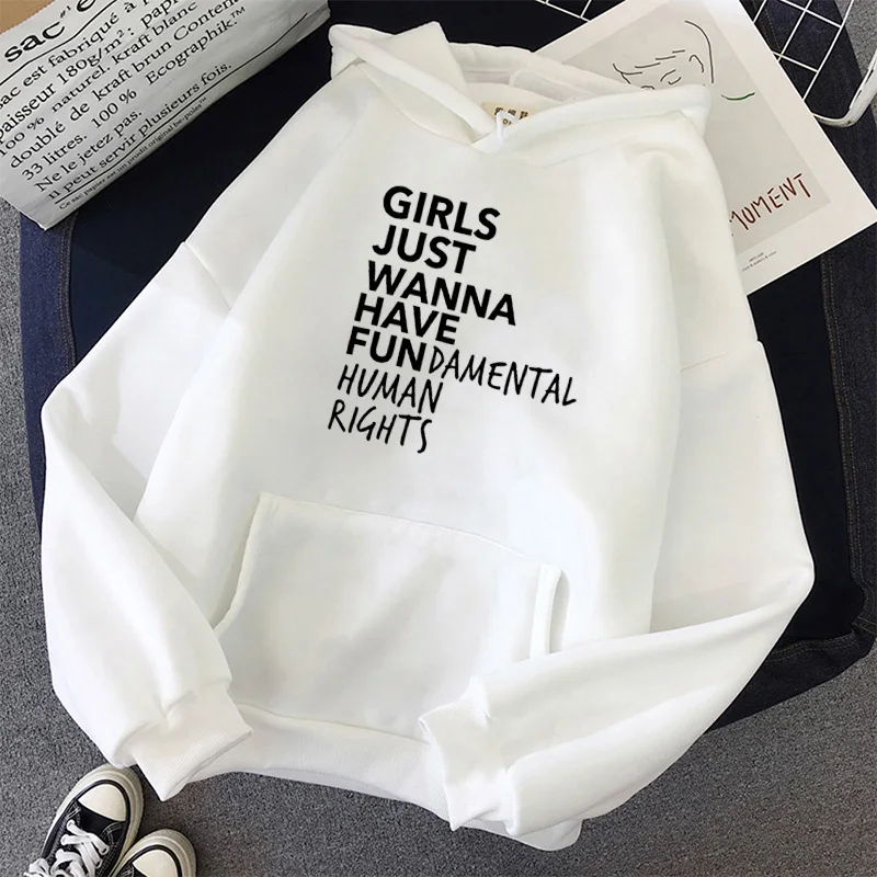Letter Print Hoodies Loose Sweatshirts Pullovers Feminism Women Sweetshirts Girls Just Wanna Have Fundamental Human Rights Hoody