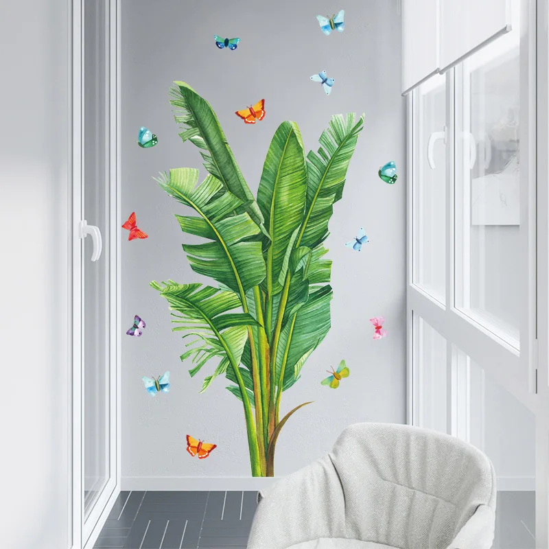 

Tropical Green Plant Wall Sticker Butterflies Art Decal Living Room Decoration Aesthetic Warm Bedroom Mural Wall Decor Removable