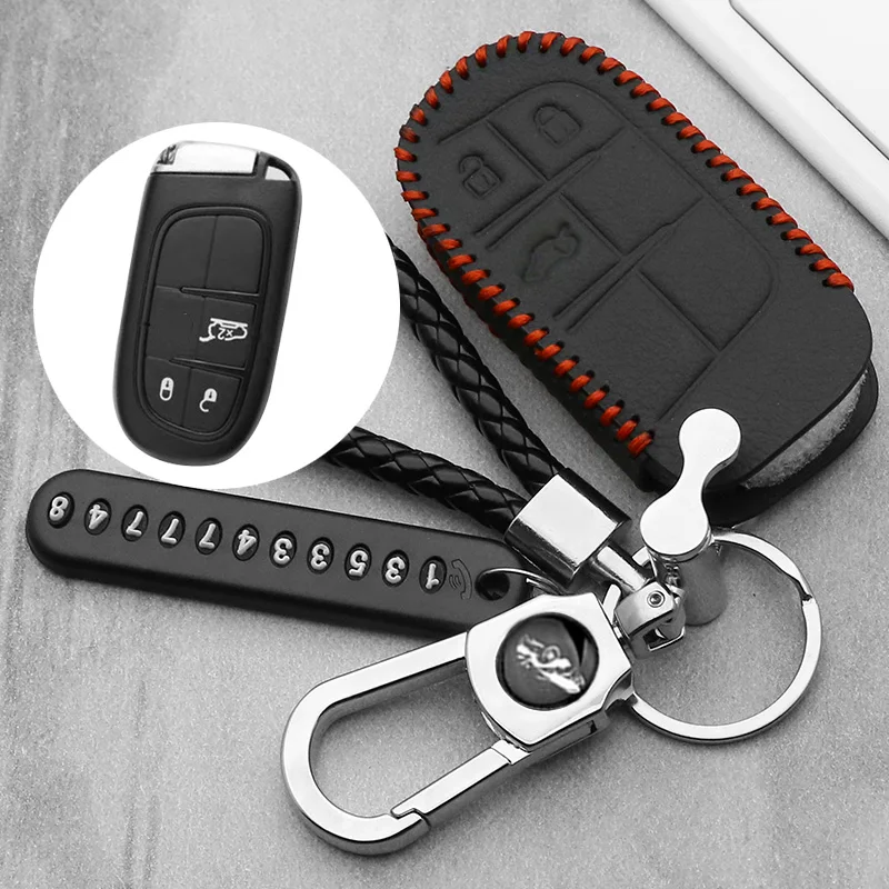 

Genuine Leather Car Key Cover For Jeep Renegade 2014 2015 Grand Cherokee Chrysler 300C For Fiat 3 buttons remote controlKey case