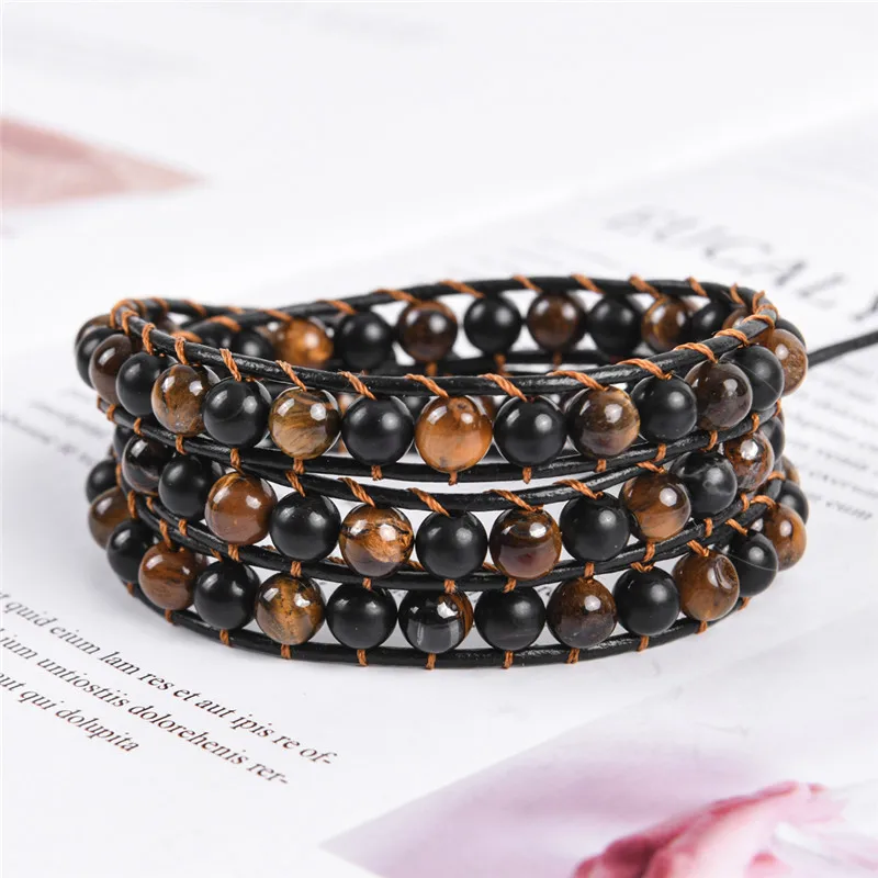 Кожаный браслет с камнями тигровый глаз натуральные бусины кристаллы плетение