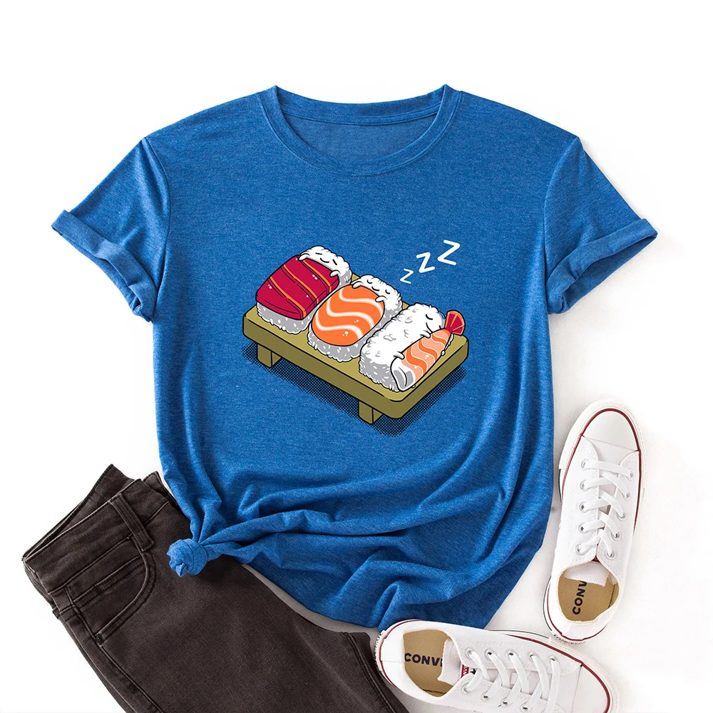 

Women Crew Neck Short Sleeve Casual Summer T-shirts Rice Bacon Sleeping Graphic Tee Shirts Tops Female Clothes Streetwear