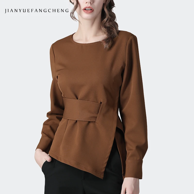 Женская винтажная Блузка с поясом элегантная офисная блузка ярких цветов