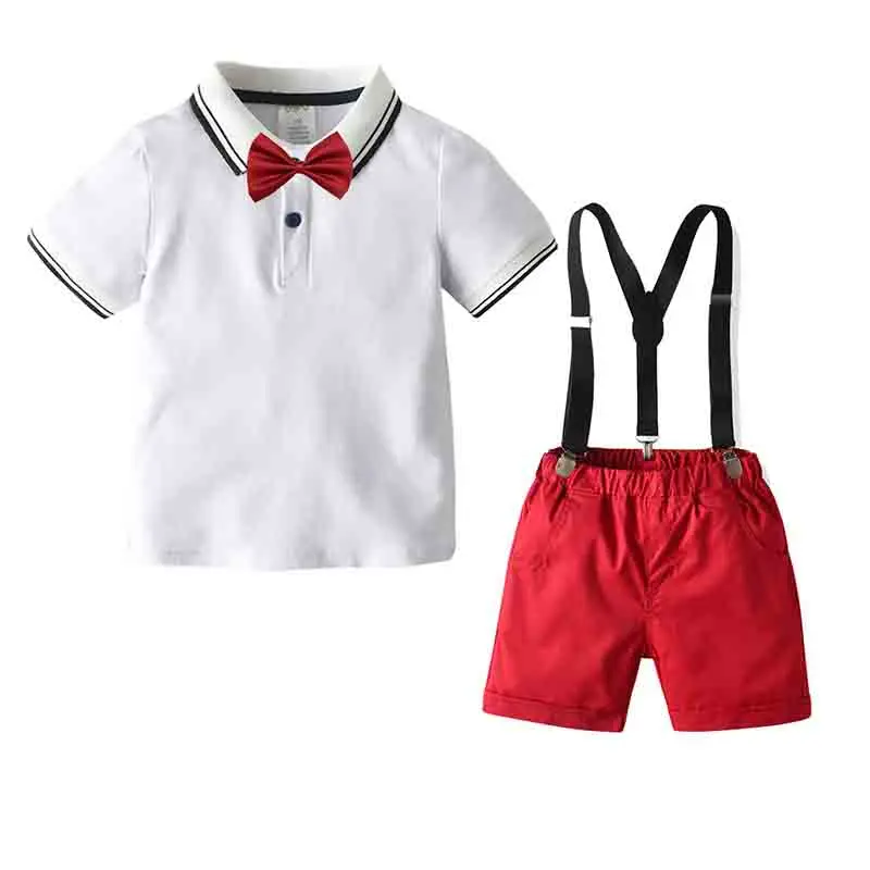 

Костюм Джентльмена для мальчиков, рубашка с бантом и коротким рукавом + шорты на бретелях, модная детская одежда, лето