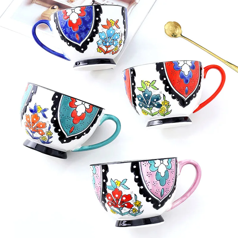 

Hand-Painted Embossed Ceramic Breakfast And Oatmeal Milk Cup, Cup Thermal-Capacity Underglaze Color Chinese Style Retro Mug