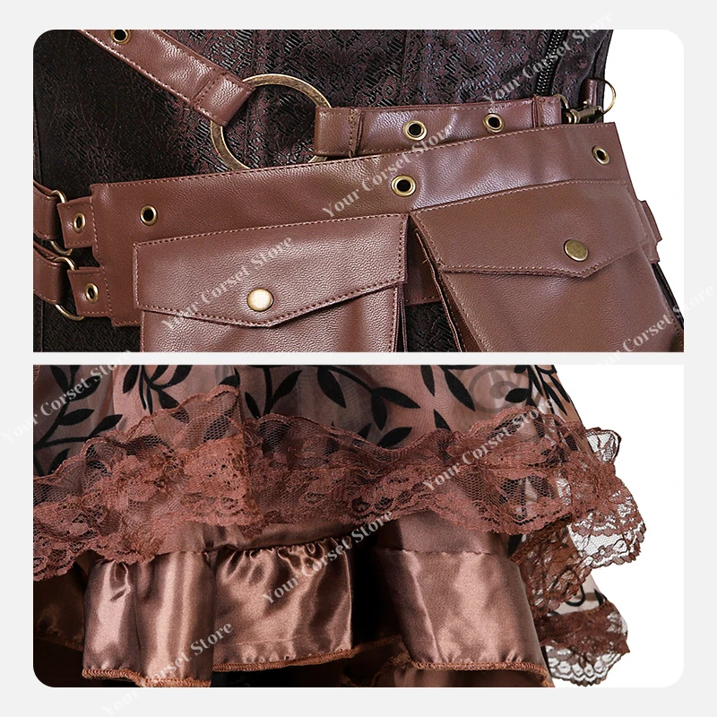 Steampunk Pirate Costume Women Corset Dress Skirt Lace Up Plus Size Zipper Faux Leather Corset Dress Brown Pirate Costume