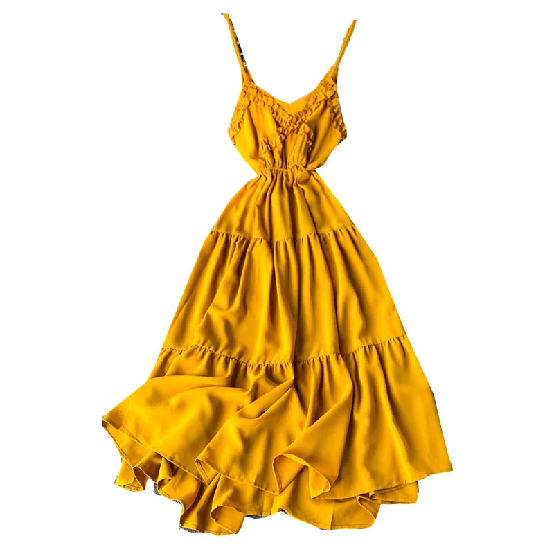 

STARK yellow holiday sexy V-neck suspender dress women's new style waistband show thin temperament open back big swing beach ski