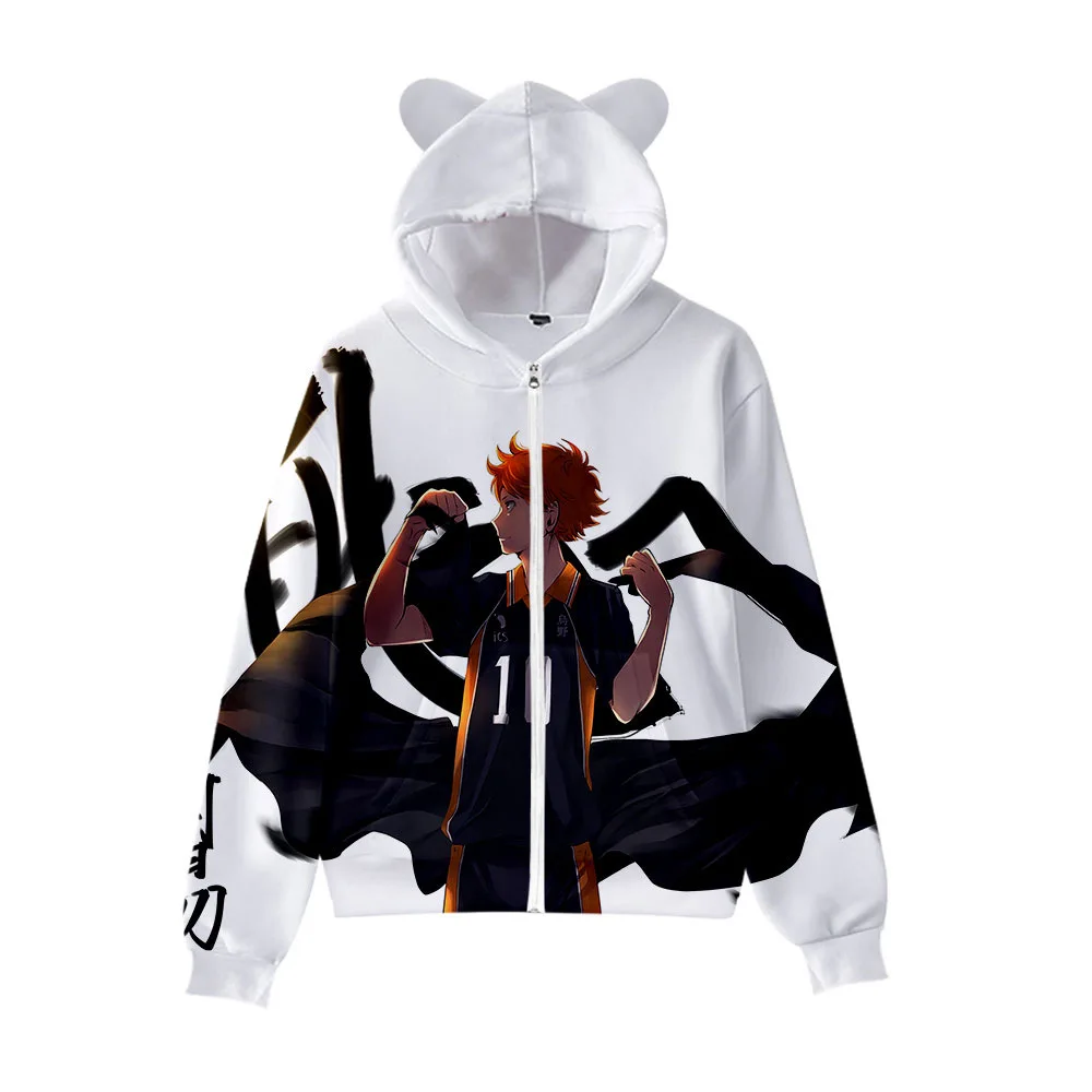 

Лидер продаж, толстовка с капюшоном Haikyuu с 3D принтом на молнии, Мужская Женская толстовка с милыми кошачьими ушками, топы, осенний модный Пов...