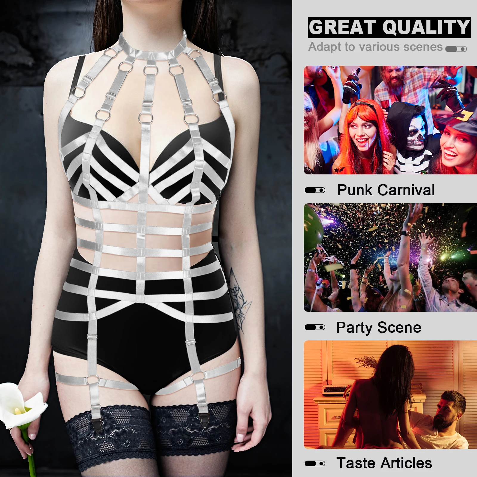 

White Garter Belts Punk Wear Harness Women Suit Sexy Lingerie Wear Binding Women Top Faux Body Harness Dance Wear Swordbelt