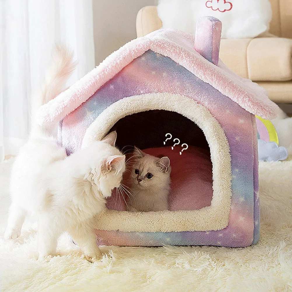 

Розовый Звездный домик для домашних животных, согревающая палатка для кошек, полузакрытое плюшевое гнездо для сна, отдыха, съемная корзина ...