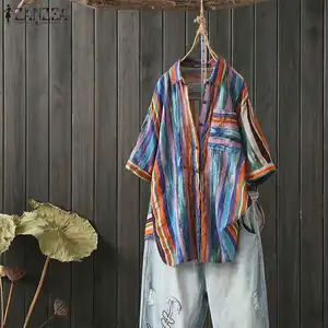 ZANZEA Женская полосатая блузка, летняя винтажная блузка с отложным воротником и пуговицами, рубашка с коротким рукавом, туника 5XL