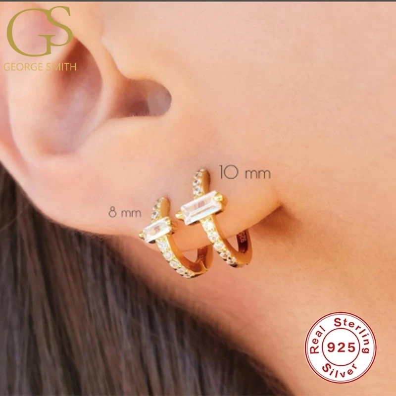 

GS 100% 925 Sterling Silver Shiny Small Cute Hoops Earrings For Women Fashion Rectangular Zircon Pendientes Mujer Fine Jewely