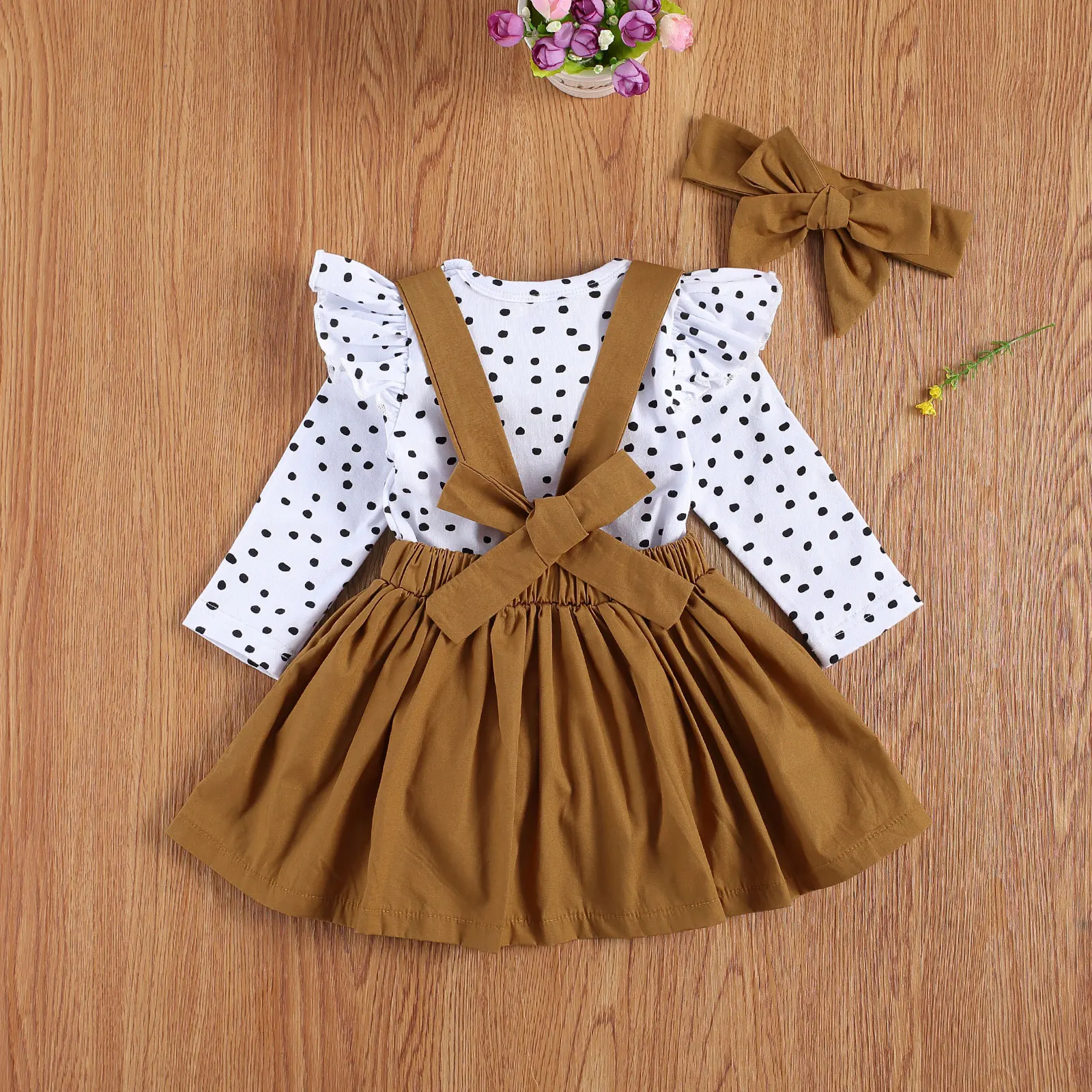 Conjunto de ropa para beb&eacute; ni&ntilde;a, camiseta de manga larga de encaje con estampado de lunares, Top de tirantes de Color s&oacute;lido, Falda corta y Diadema con lazo, 3 uds.-3