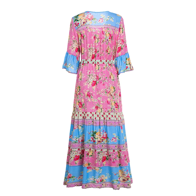 Женское платье с цветочным принтом Everkaki Boho, v-образный вырез, регулируемый пояс, половина рукава, длинное платье в стиле бохо, женское платье, лето-осень