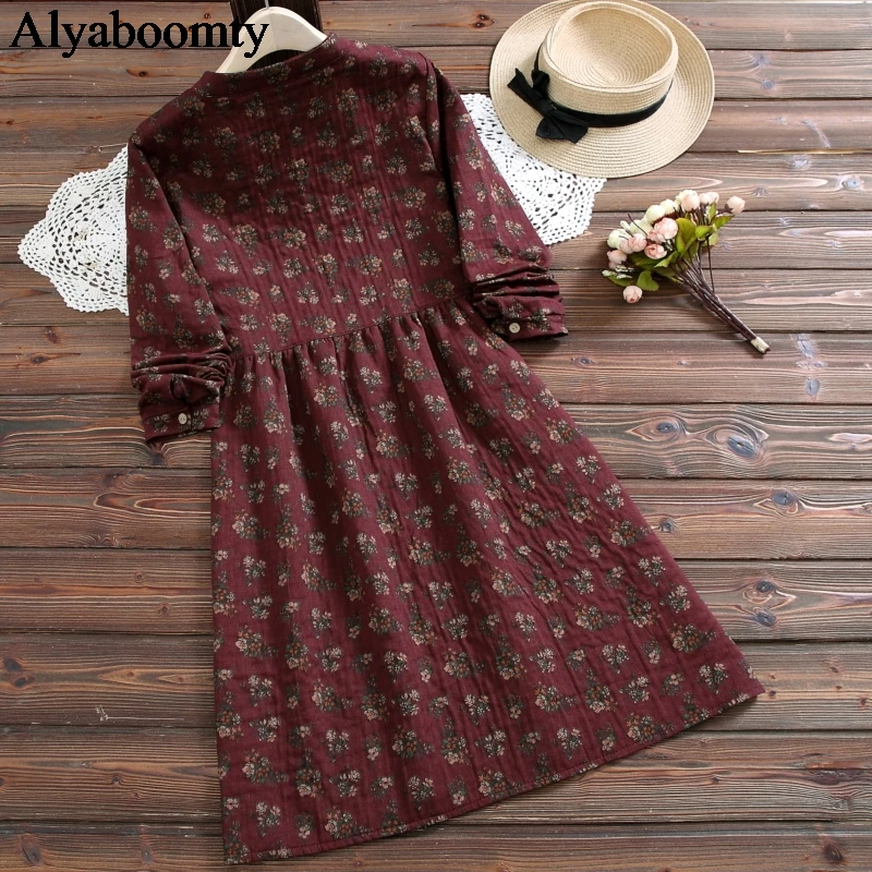 Женское свободное платье Mori Girl хлопковое льняное с цветочным принтом и