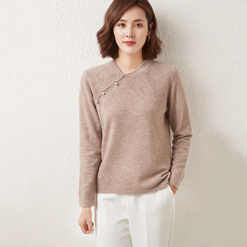 Женский пуловер с воротником-стойкой мягкий шерстяной джемпер пуговицами и