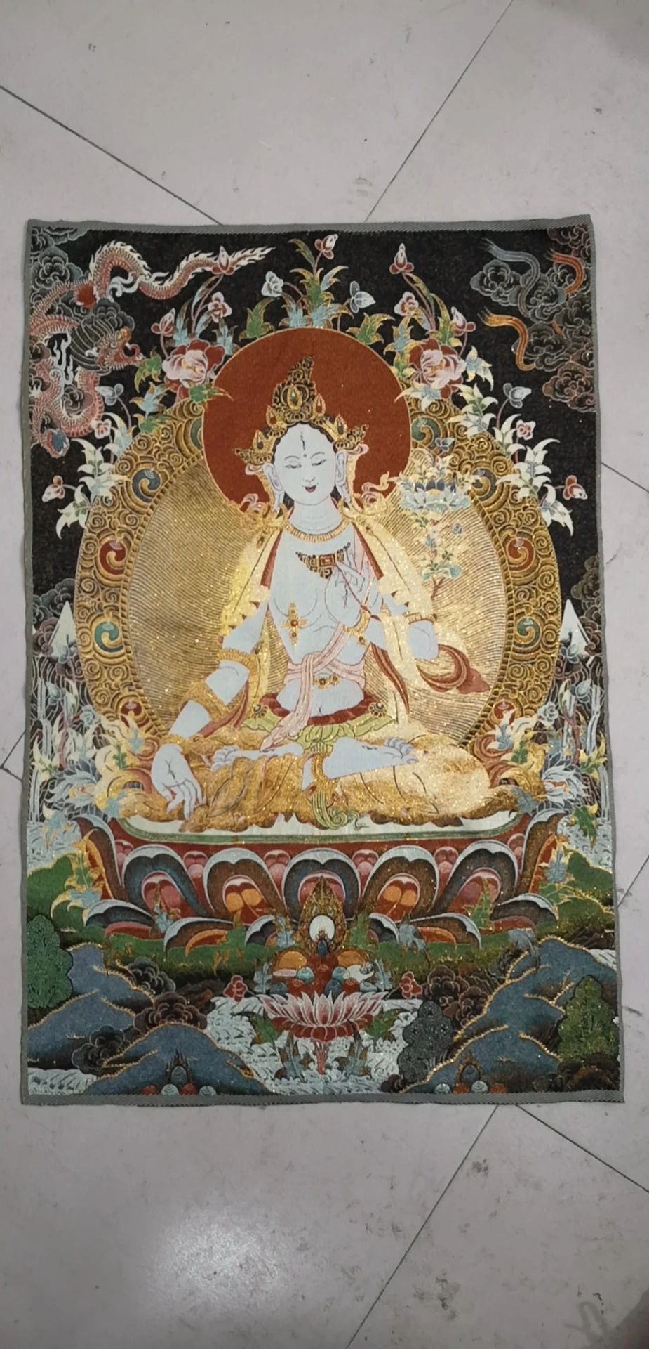 Тибетская буддистская Ткань шелковая 7 глаз Белая Тара Будда танка настенная