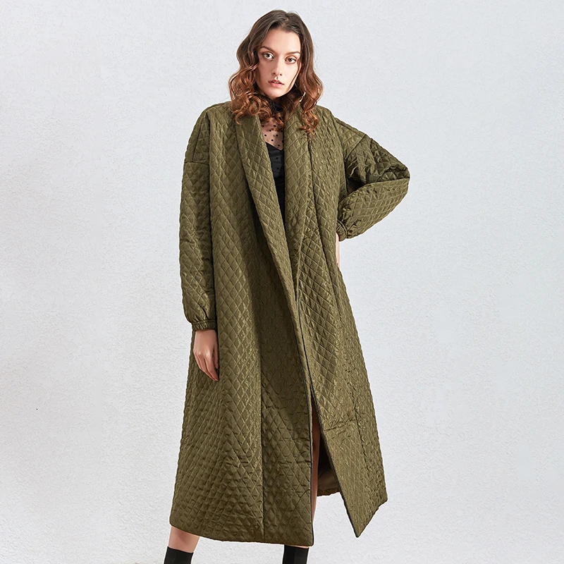 TWOTWINSTYLE Argyle хлопковое пальто для женщин, воротник с лацканами, фонарь, длинный рукав, Свободная Женская парка, одежда, Зимняя мода, новинка