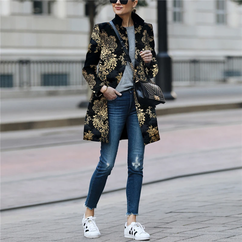 Женские модные куртки и пальто с принтом Осень зима 2019 средней длины винтажные